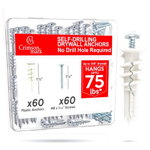 CrimsonMark 120Pcs #8 Self Drilling Drywall Anchors and Screws kit #8 x 1-1/4”- Superb Wall Anchors for Drywall, Holds Upto 75lbs – No Drill Hole Required with These Dry Wall Screws and Anchors