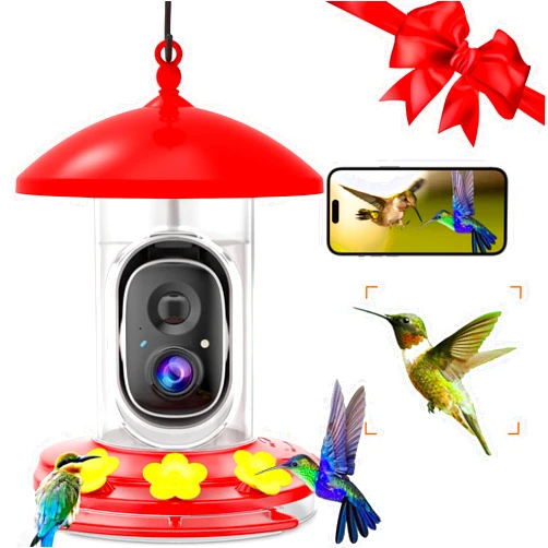 Vebiliki Hummingbird Feeder with Camera, 2K Video Hummingbird Feeder, Ant Moat, Bee Proof, AI Identify Bird Species, Instant Notifications, Live View, Bird Feeder Camera with 3 Feeding Ports.