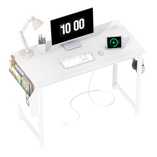 Lufeiya 39 inch White Computer Desk with Power Outlet, 40 inch Teen Study Table Home Office Work Writing Desks with Charging Station Outlets Built in, White