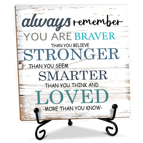 ZEDEV Inspirational Gift for Women Men Wood Sign with Stand - Always Remember You are Braver Than You Think, Motivational Gifts for Women Men Home Office Table Centerpiece Positive Decor Desk Plaque 39