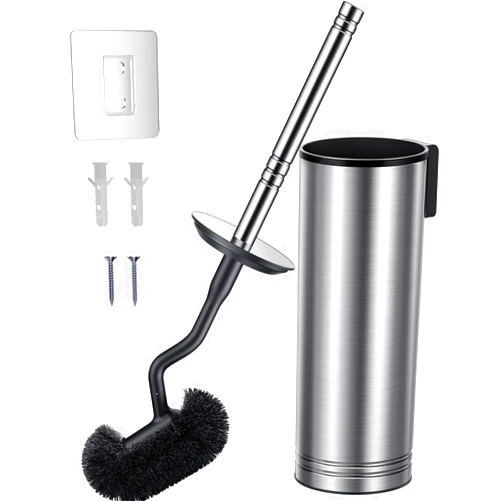 HAMITOR Toilet Brush and Holder Set: 304 Stainless Steel Heavy Duty Bowl Cleaner Brush - Deep Cleaning Under Rim Curved Bristle - Space Saving Wall-Mounted for Home RV Bathroom Accessories Silver