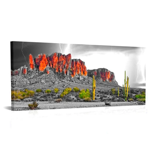RnnJoile Cactus Landscape Wall Art Superstition Mountains Canvas Pictures Prints Desert Lightning Arizona Western Painting for Living Room Bedroom Home Decor Framed 20