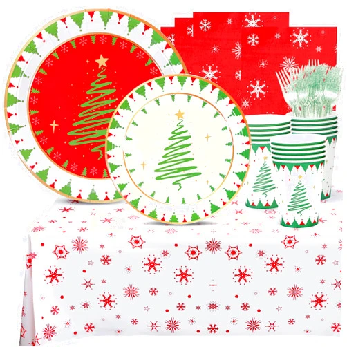 Atonofun Christmas Party Supplies, Merry Christmas Paper Plates and Napkins, Disposable Party Plates, 12oz Cups, Napkins and Forks for Xmas, Holiday Party Decorations Serves 24