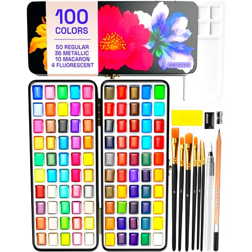 ARTISTRO 100 Color Watercolor Paint Set - Portable Paint Art Kit with Palette and Brush Pens - Travel Water Color Set for Adults, Professionals, Kids - Art and Painting Supplies - Gift Idea