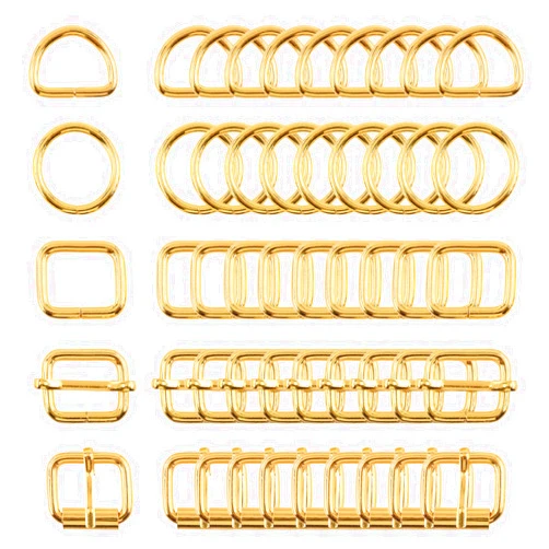 Swpeet 50Pcs 5 Style Metal Buckles, Metal Roller Buckles, Metal Adjustable Slide Buckles, D Ring, Circular Ring, Square Ring