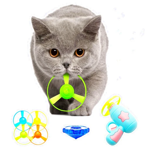 Cooway 7 Piece Cat Fetch Toys, Interactive Flying Cat Toy with 5 Flying Propellers,1 Spinning Tops, Dog Cat Pet Tracks Chasing Toy for Cats (Blue)
