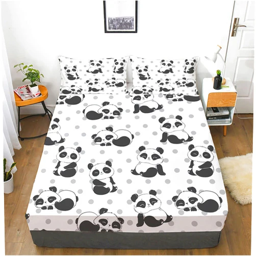 URLINENS Cute Panda Fitted Sheet and Pillowcase Queen Size 3 Piece, Polka Dot Lovely Panda Sheet Set for Kids Boys Girls Teens, Soft Microfiber Cartoon Animal Fun Bedding Decor Kids Bed Sheet