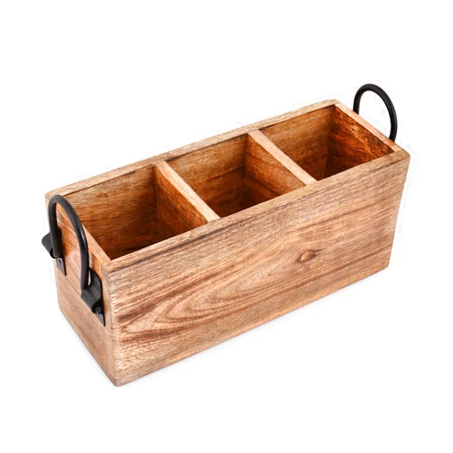 Samhita Mango Wood Cutlery Holder Caddy Organizer Wooden Utensil Storage Organizer Countertop for Silverware Fork Spoon Spatula 3 compartments (11