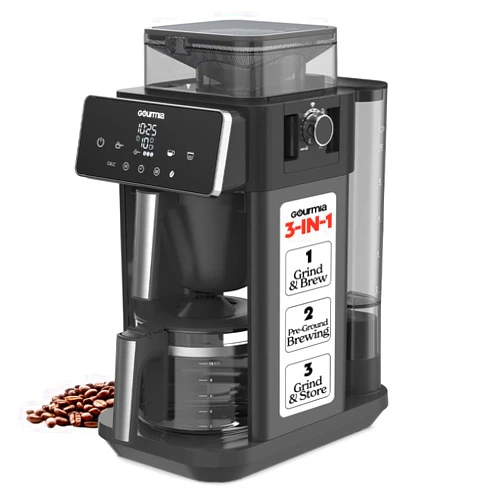 Gourmia 10 Cup Grind & Brew Coffee Maker - Built-In Burr Grinder, 3 Brew Strengths, Programmable Digital Display, Pause & Serve, Keep Warm, Auto Shut Off, Black