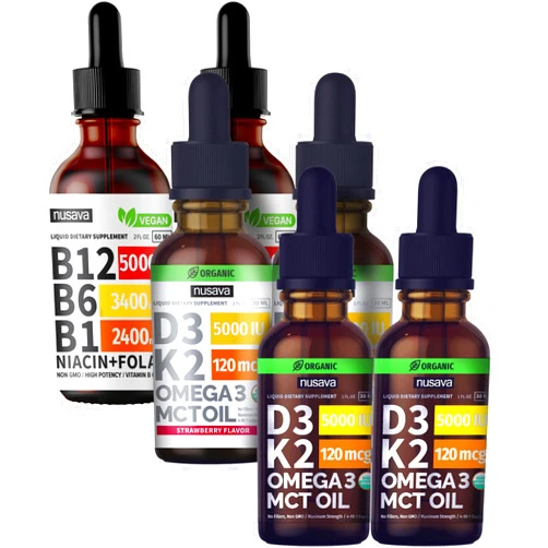 NUSAVA Unflavored D3 K2, Strawberry Flavored D3 K2, & Vitamin B12 Liquid Drops Bundle - Potent Liquid Vitamins for Heart, Joint, Energy, & Immune Support - Non-GMO, Gluten-Free, 2pk Each