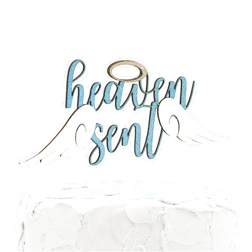 NANASUKO Cake Topper - heaven sent - Double Sided Baby Blue Glitter with White Opal wings - Premium quality Made in USA