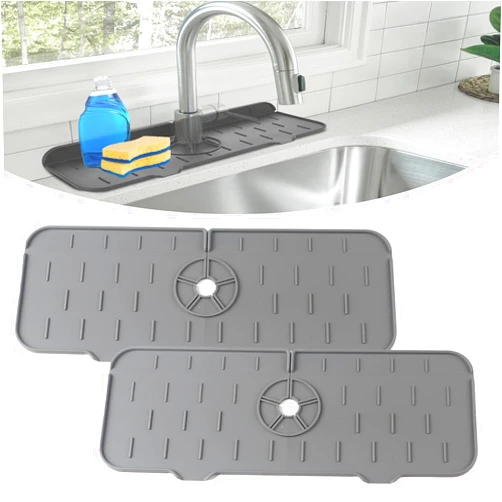 Ksera Kitchenguard Silicone Sink Faucet Mat, Sink Splash Catcher Guard Washable Mat,Anti-sprinking Waterproof Drain Pad, Drip Protector Splash Countertop mat for Kitchen & Bathroom(2pcs gray)
