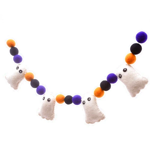 Glaciart One Felt Balls + Ghosts Garland - Easy to Hang Halloween Party Banner Decoration - 100% New Zealand Wool, Hand-Felted in Nepal - 5' Long, 15 Purple Orange & Black Pom Poms, 4 Ghost Ornaments