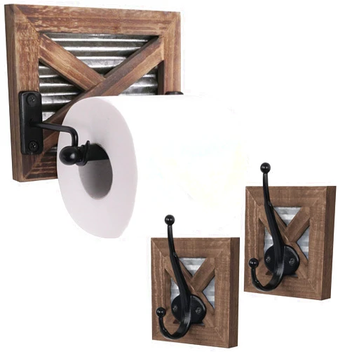 Autumn Alley Farmhouse Bathroom Hooks & Toilet Paper Holder Set - Rustic Wall Mounted Towel Hooks & TP Holder with Wood, Galvanized Metal, and Black Accents - 3 Piece Bathroom Decor Set