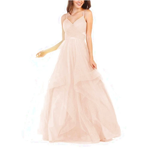 GMAR Women's V-Neck Long Glitter Tulle Spaghetti Ball Gown 14 Peach