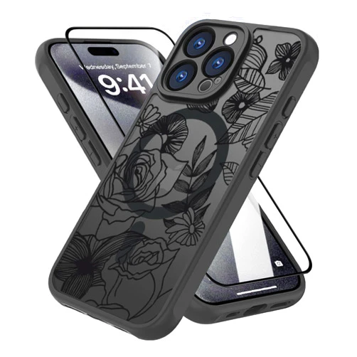 CASEOWL Compatible for iPhone 16 Pro Max Case Magnetic [Compatible with MagSafe] Floral Pattern Translucent Matte Shockproof Phone Case for Women Girly Slim Soft Edge 16 Pro Max Case Cute,Black Rose