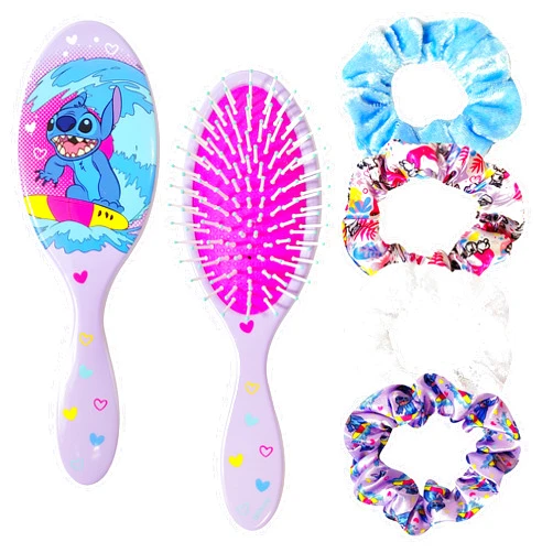 LUV HER Stitch Hair Brush and 4 Scrunchies Set for Girls - Detangling Brush and Elastic Hair Ties for Ages 3+