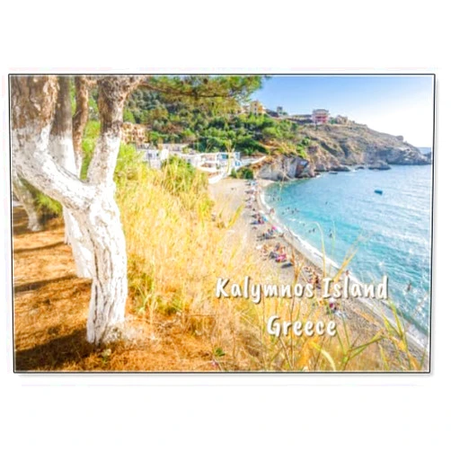 Photomagnet Beautiful Sunny Holiday View to The Greek Beach Blue Sea with Crystal Clear Water Beach with Some Boats Fishing Cruising Surrounded by Hills Mountains, Kalymnos Island, Kos, Design 1, Fridge Magnet