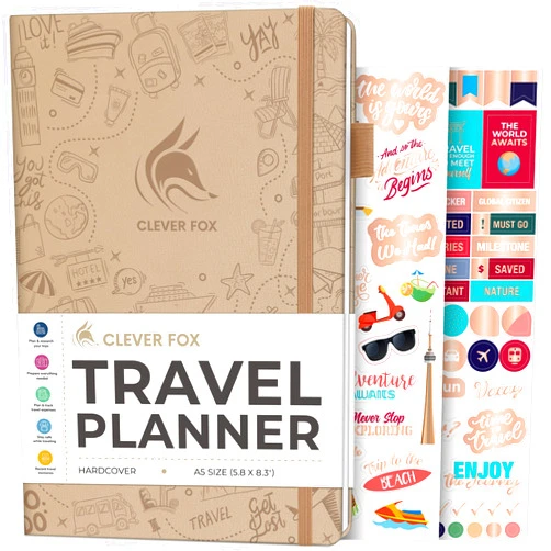 Clever Fox Travel Journal – Vacation & Trip Organizer with Budget Plan, Packing List, Travelling Expense Tracker, A5 (Sandstone)