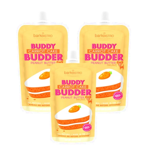 BUDDY BUDDER 3 Pack Carrot Cake Squeeze Packs, 100% Natural Dog Peanut Butter, Healthy Peanut Butter Dog Treats, Made in USA, (4oz packs)