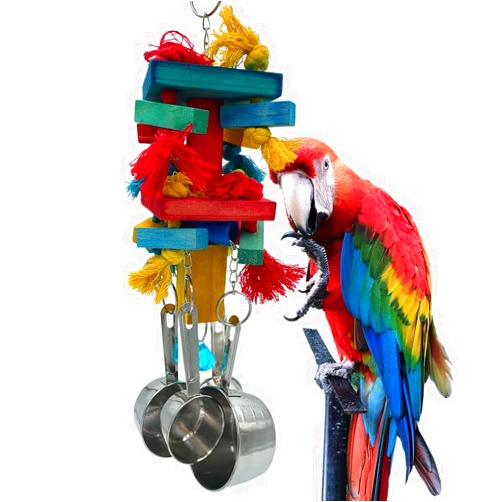 GILYGI Large Bird Parrot Toys, Multicolored Natural Wooden Blocks and Cotton Knots with Stainless Steel Cups for Large and Extra Large Parrots Macaw African Gray Amazon Cockatoo