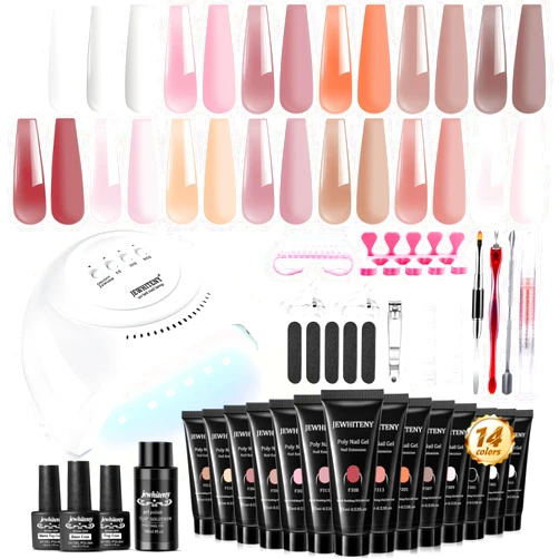 JEWHITENY 14 Colors Poly Extension Gel Nail Kit With U V Lamp Nude Pink White Brown All In One Poly Gel Starter Kit With Base Top Coat Manicure Salon Frence Nail Art DIY