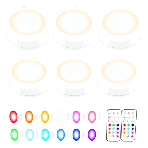 BLS LED Puck Lights with Remote Control, Wireless Under Cabinet Lighting, Battery Powered Lights, Stick on Lights, Color Changing Lights with Dimmer and Timer, AA Battery Operated Closet Light, 6 Pack