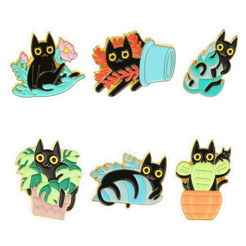 cobee Cute Cat Enamel Pins, 6 Pcs Cartoon Cats Hidden in Potted Plants Backpack Brooches Lapel Pins Novelty Anime Black Cat Punk Badges Button for Men Women Jackets Clothings Bags Hats Jeans