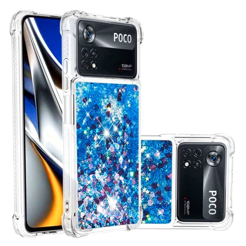 Asdsinfor Compatible with Xiaomi Poco X4 Pro 5G Case,Glitter Liquid Clear Quicksand TPU with Anti-Fall Belt Bumper Corner Protection Case Compatible with Xiaomi Poco X4 Pro 5G Blue Love LSYB