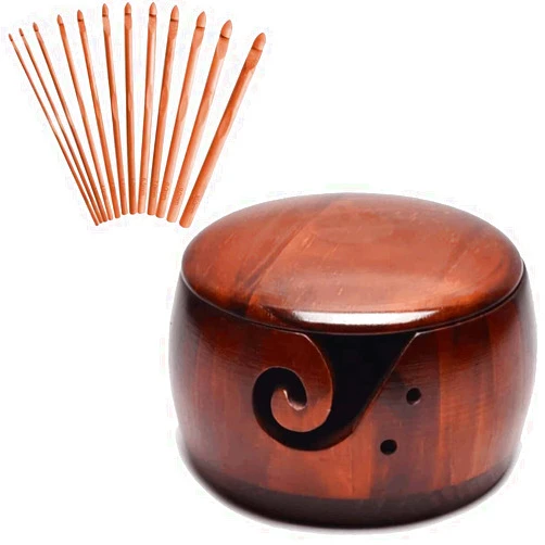 Memfish Wooden Yarn Bowl,Yarn Bowls with Lid for Knitting Crochet Yarn Ball Holder Handmade Yarn Storage Bowl for DIY Knitting Crocheting Crochet Kit Organizer Accessories with 12 Crochet Hooks (Dark Wood)