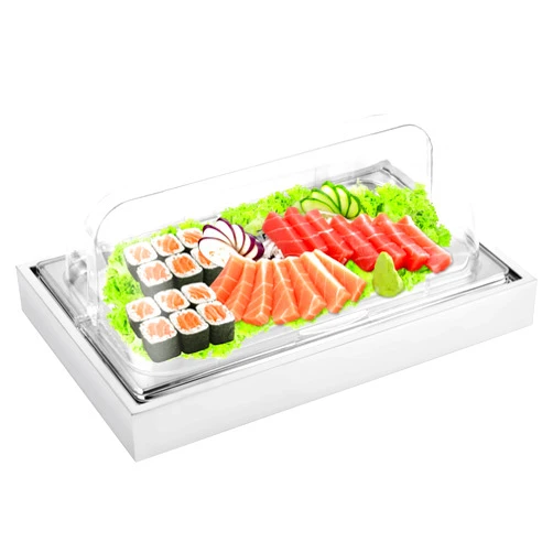 YMJOINMX Ice Food Serving Display Tray with Clear Roll Top Cover Buffet Cold Serving Cooler Platter w/ 2 Ice Packs Cooling Food Dishes Display Plate Case with Lid for Seafood Fruit Party Buffet Tray