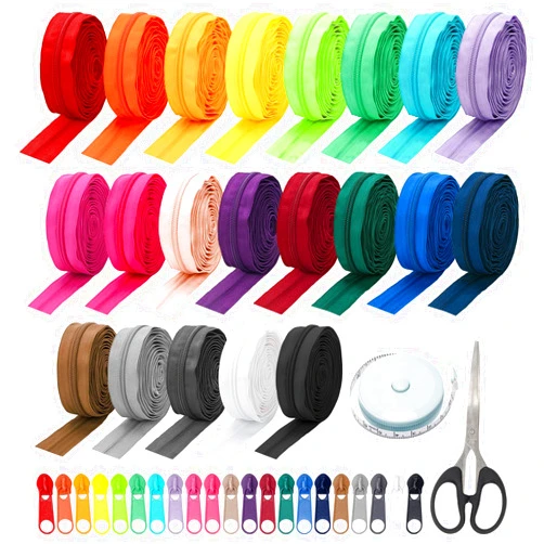 Luxiv 63 Yards 21 Colors #5 Nylon Coil Zippers with Pull 126P, Scissor, Ruler, Assorted Lengths Size 5 Colorful Nylon Coil Zipper by The Yard for Sewing Tape for Clothes, Bag, Purse Making Supplies