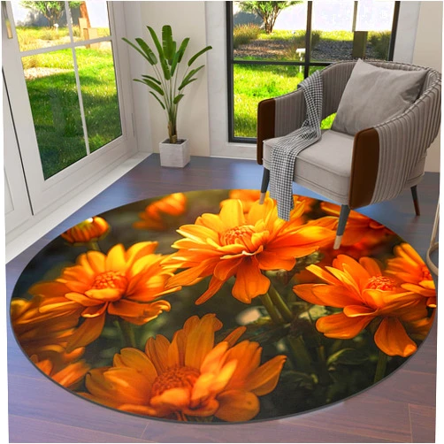 LIFEMUSION Sunflower Round Area Rugs, Yellow Spring Floral Summer Botanical Non-Skid Children Playing Mat, 3ft Soft Circle Farmhouse Rugs for Living Room, Bedroom, Dining Room