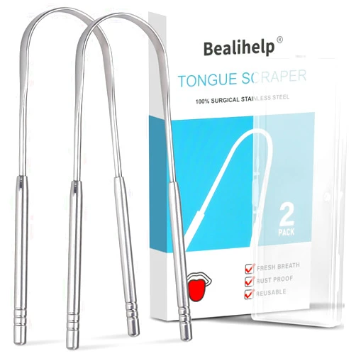 Bealihelp 2 Pack Tongue Scraper, 100% Surgical 304 Stainless Steel Tongue Cleaner for Adults And Kids, Professional Tongue Brush for Oral Care, Improve Bad Breath and Fresh Breath