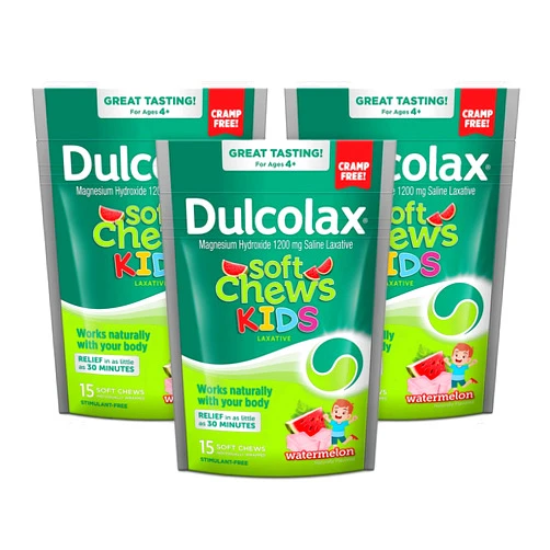 Dulcolax Kids Soft Chews Saline Laxative Watermelon Gentle Constipation Relief, Magnesium Hydroxide 1200mg, 15 Count (Pack of 3)