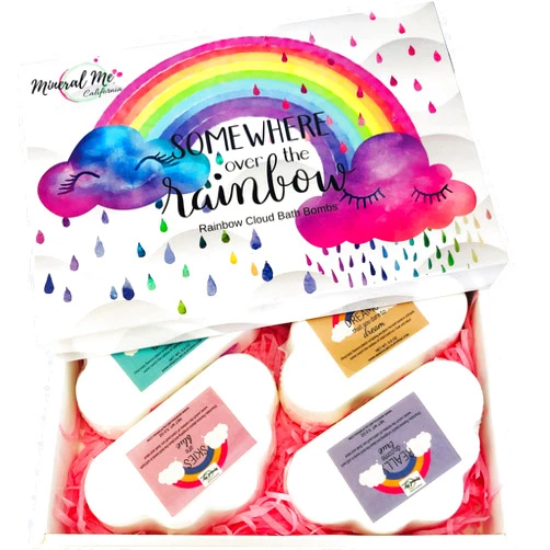 Mineral Me California Rainbow Bath Bombs for Kids- Natural and Organic Bubble Bath Bombs w/Moisturizing Shea Butter and Natural Oils, 4 Large Unicorn Cloud Bath Bombs for Girls, Boys, Women, Birthday Gifts for Kids, Girls