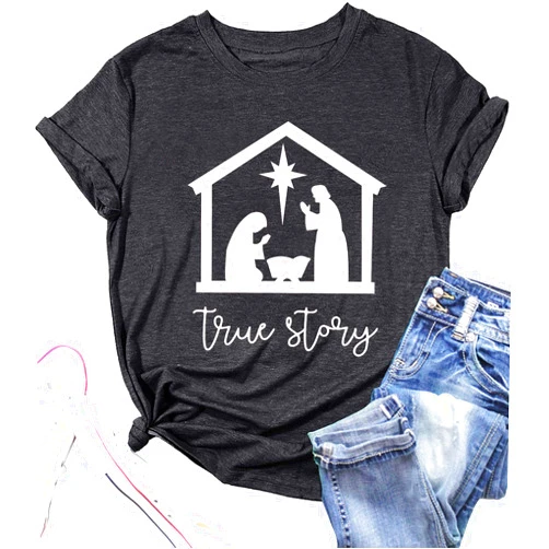 QIANRUO True Story Christmas Tshirt Women Christmas Nativity Shirt Jesus Xmas Tee Tops Casual Short Sleeve Holiday Shirt