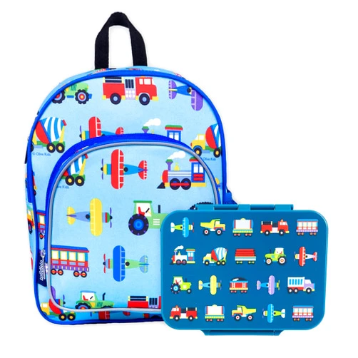 Wildkin Kids 12 Inch Backpack Bundle with Leak-Resistant Bento Box, Lightweight School and Travel Bag for Kids - Trains, Planes, and Trucks