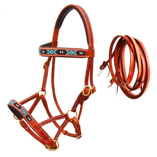 CHALLENGER Horse Western Leather Training Tack Bitless Sidepull Beaded Bridle Reins 77RS12TN