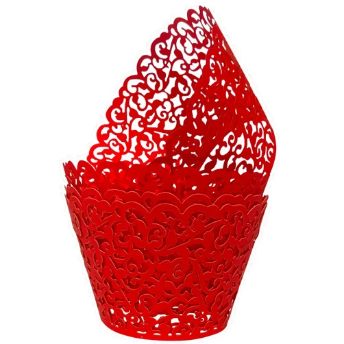 GOLF 100Pcs Christmas Cupcake Wrappers Artistic Bake Cake Paper Filigree Little Vine Lace Laser Cut Liner Baking Cup Wraps Muffin CaseTrays for Wedding Party Birthday Decoration (Red)