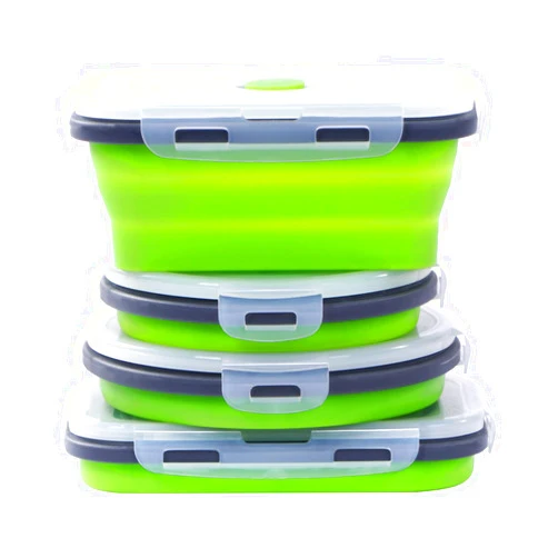 KUONGO Collapsible Silicone Food Storage Containers, Set of 4 Foldable Storage Bowls with Airtight Lids, Silicone Lunch Box, Microwave,Freezer and Dishwasher Safe, BPA Free (Green, 500ml and 800ml)