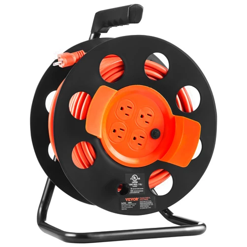 VEVOR 100FT Retractable Extension Cord Reel, with 4 Outlets and Dust Cover, Heavy Duty 12AWG SJTOW Power Cord, Portable Handle and Safety Overload Circuit Breaker, for Outdoor Indoor Toolshed Garage