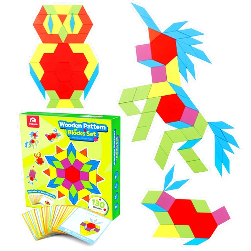 Coogam Wooden Pattern Blocks Set 130PCS Geometric Color Shape Manipulative Puzzle – Graphical Montessori Tangram Early Learning Educational Toys Brain Teasers STEM Gift for Kids with 24 Design Cards