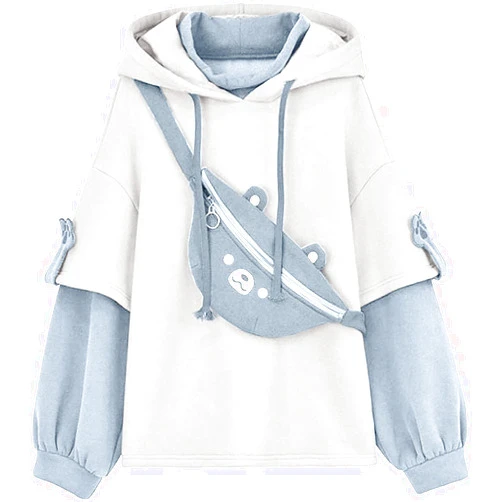 GAEIOWSS Cute Brown Bear Hoodie for Womens Long Sleeve Kawaii Sweatshirts Patchwork Shirts with Personality Bag Teen Girls