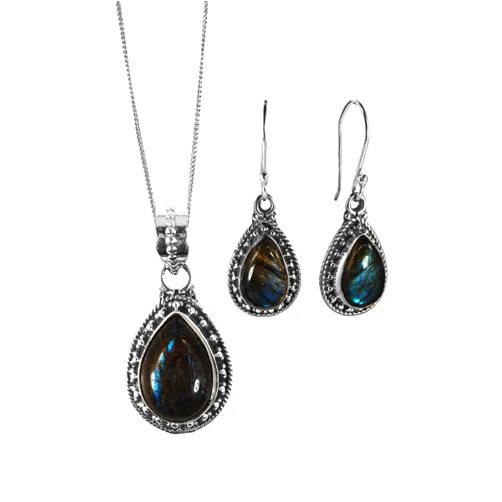 Sivalya AMALFI Black Onyx Necklace and Earring Set in Solid Silver - Jewelry Set for Women in 925 Sterling Silver - Natural Teardrop Onyx Stones Gemstone Jewelry- Gift Packaging Included