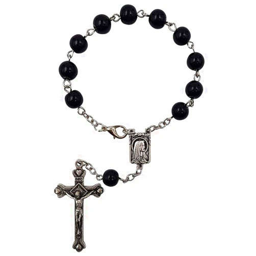 Treasure4U- One Decade Auto Rosary for Rearview Mirror Black Pearl Glass Beads Catholic Bracelet Our Lady of Lourdes Centerpiece Religious Gift Car Truck Travel Protection