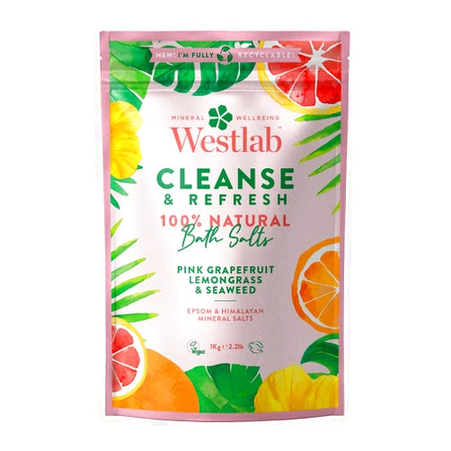 Westlab - 1kg - Cleanse Epsom & Himalayan Salts Infused with Lemongrass & Pink Grapefruit - Perfect for Muscle soaks - 1kg Resealable Pouch