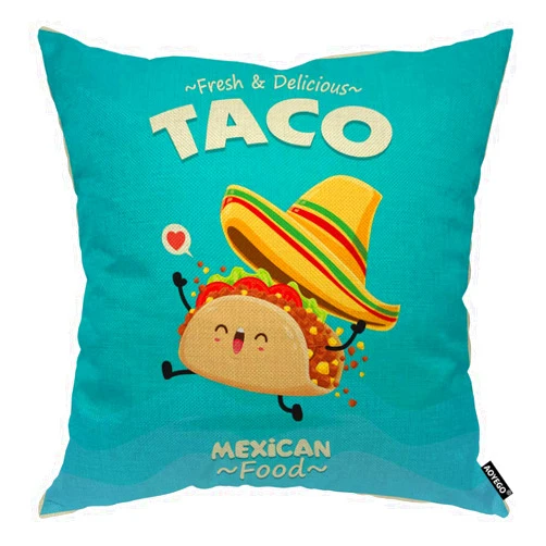 AOYEGO Mexican Food Taco Throw Pillow Cover Cute Funny Cartoon Tortilla Happy Beef Hat Pillow Case 18x18 Inch Decorative Cotton Linen Square Cushion for Home Couch Bed