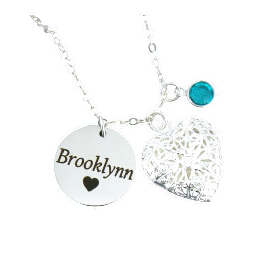 Madie's Charms Heart Photo Locket Necklace - Personalized - Picture - Name Disc - Silver - Custom - Birthstone - Girl Gifts - Engraved - Unique