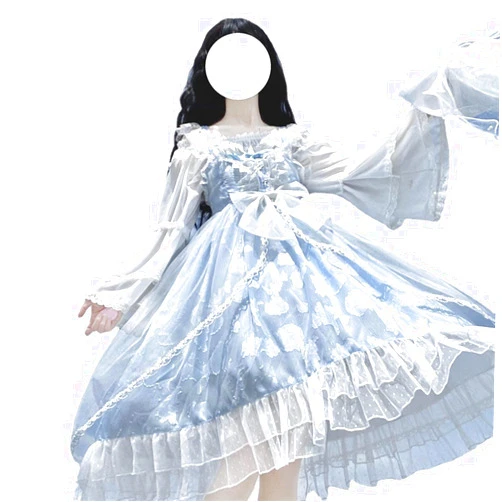 TKSYS Lolita Dress Bow Shell Print Lace Embroidery Jsk Suspender Dress Women Summer (Color : Blue, Size : One Size)